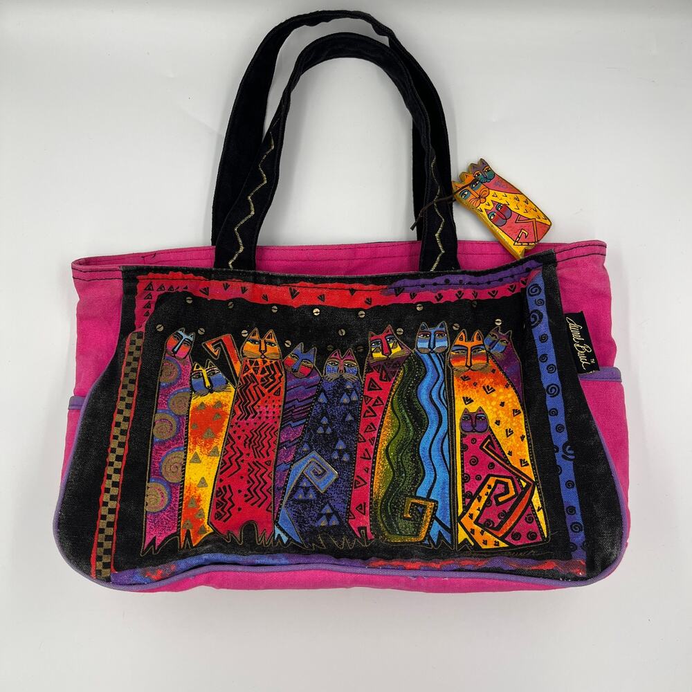 Laurel Burch Cat Tote Bag Colorful Rainbow Canvas Shoulder Bag Art Cats Vintage